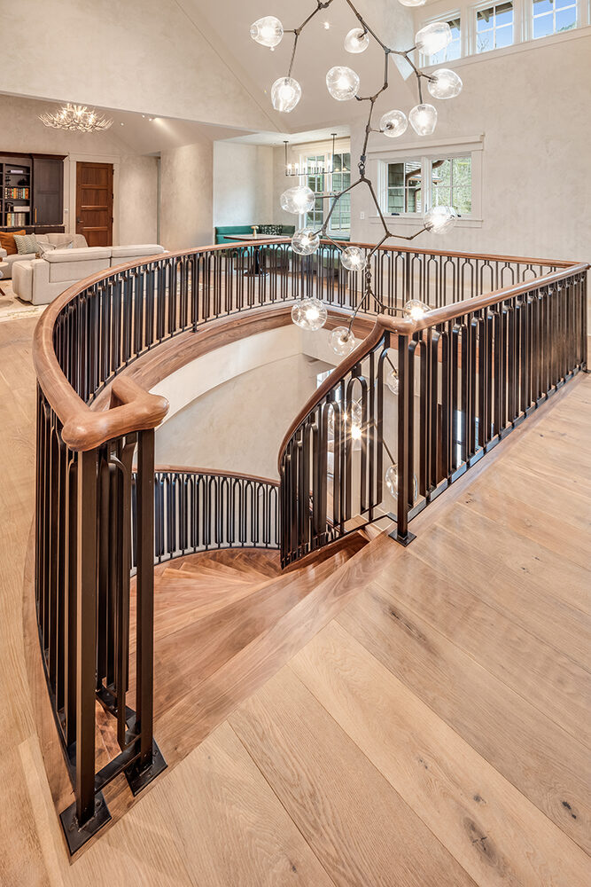 Detail of the showstopper staircase built for a Cashiers, NC mountain home