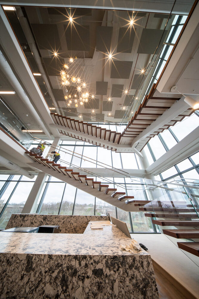 Three-story floating staircase at United Community Bank headquarters in Greenville, SC